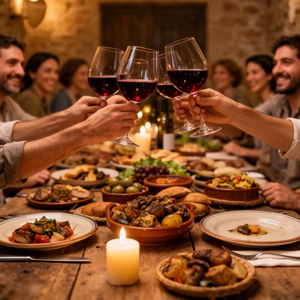 Brinde com vinho tinto sobre mesa cheia de comida