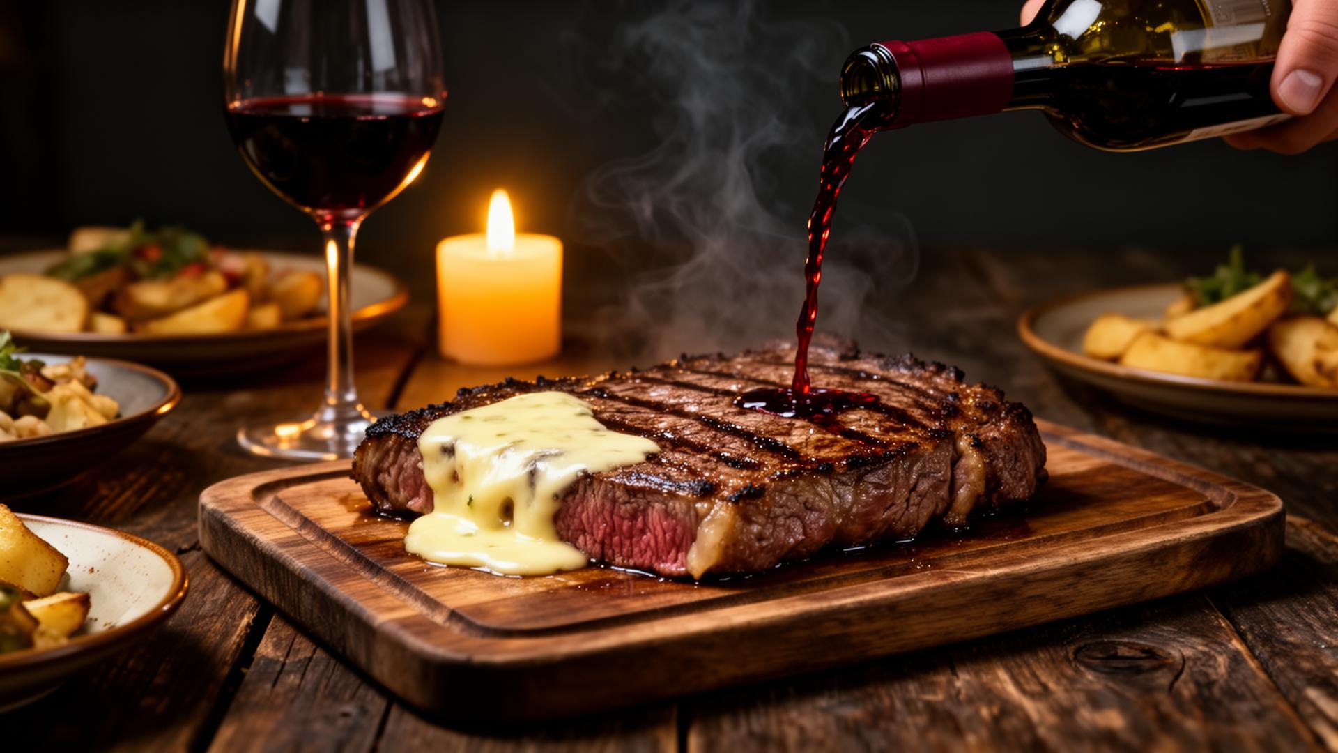 Mesa de taberna portuguesa com bife grelhado, queijo derretido e vinho a ser servido